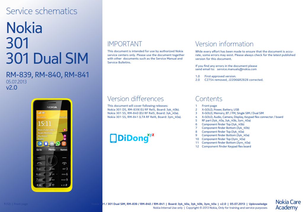 Nokia 301 RM-839 Service Schematics