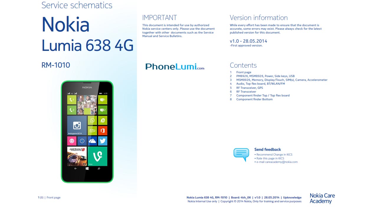 Nokia lumia 638 RM-1010 service schematics